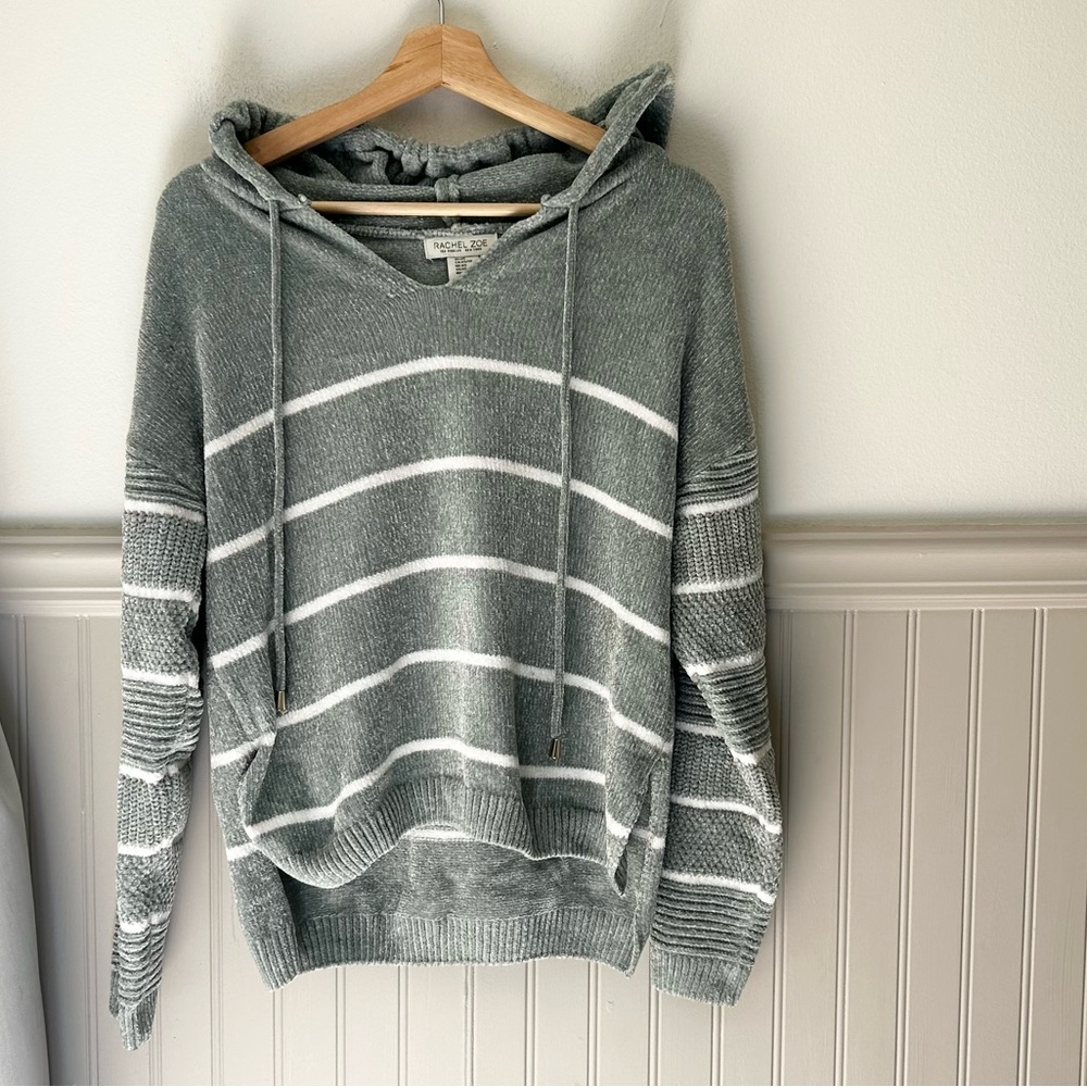 Rachel Zoe XS Soft Green White Striped V-Neck Cozy Hooded Sweater